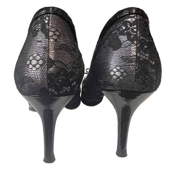 Stuart Weitzman Silver Peep toe Pumps with Black Lace Overlay - Picture 5 of 11